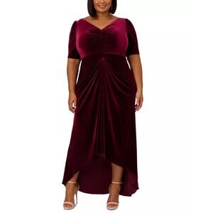 Adrianna Papell Plus Size Velvet V Neck Draped High Low Gown Burgundy NWT 14W